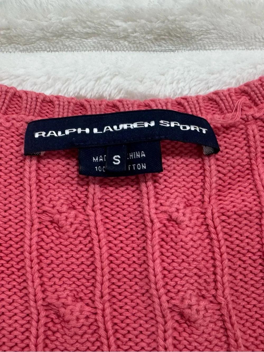 Ralph Lauren Sport Women’s Small Coral Pink Cable Knit V-Neck Cotton Sweater